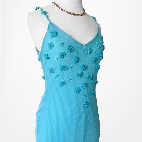Vintage Blue Silk High Low Floral Beaded Slip On Midi Cocktail Dress Size S/M - Picture 6 of 8